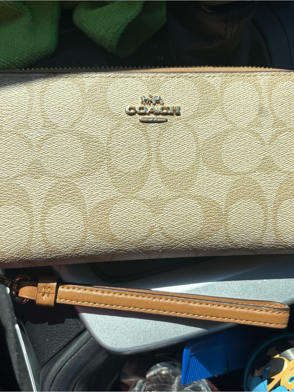 Coach Beige Signature Wristlet with Tan Strap